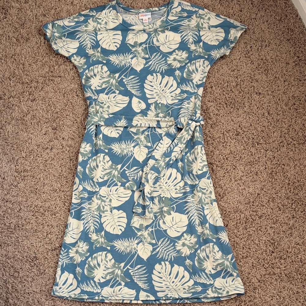 Lularoe Jessie Blue Tropical Print Tie-Waist swing Dress